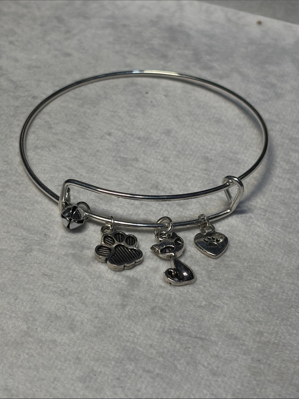 Cattitude Silver Adjustable Charm Bangle Bracelet